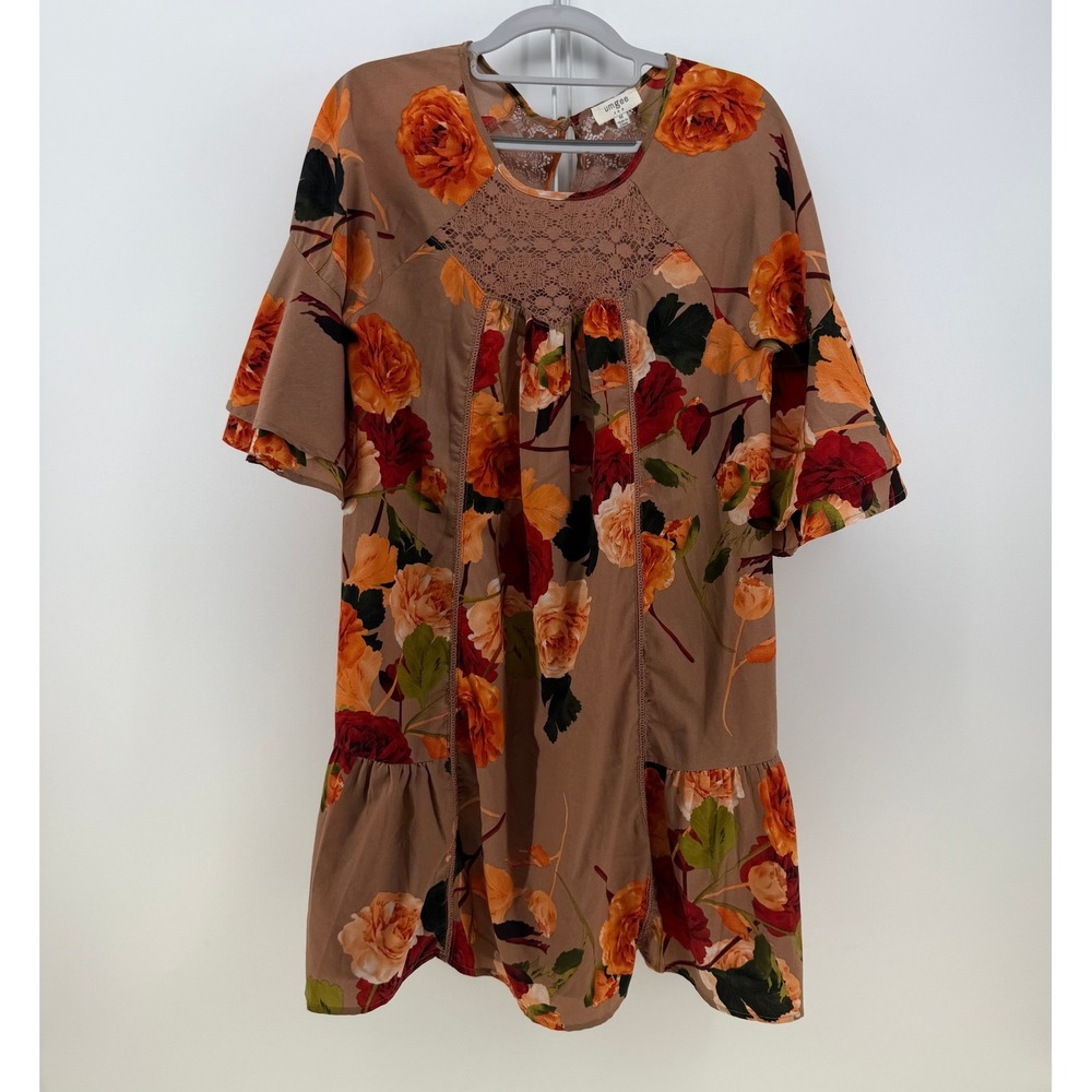 Umgee Dress Women Medium Brown Orange Floral Lace Boho Cottagecore Ruffle Flowy